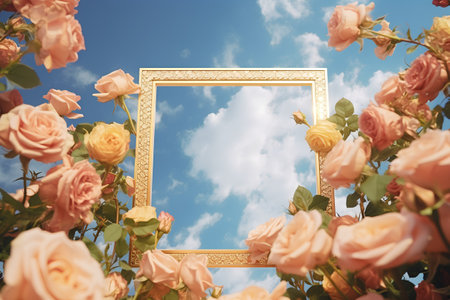 Beautiful roses and vintage frame on blue sky background. Retro tonedの素材