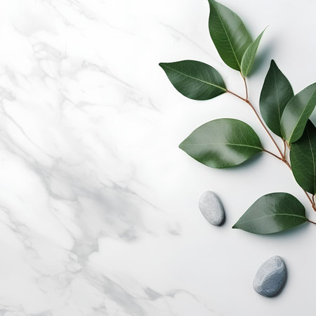 Eucalyptus leaves on white marble background with copy spaceの素材