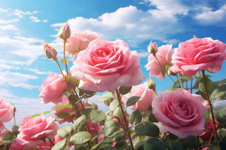 Beautiful pink roses on the background of blue sky with clouds.の素材