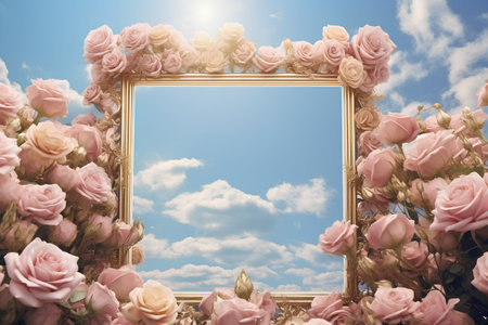Framework for photo or text with pink roses on blue sky backgroundの素材