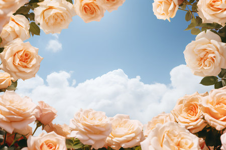Frame of white roses on blue sky background. Place for text.の素材