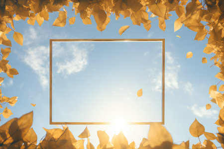 Autumn leaves frame on blue sky background. Fall season concept.の素材