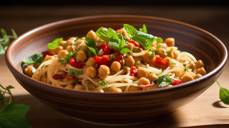 Spaghetti with chickpeas, tomatoes and mint in a bowl on a wooden background. Selective focus.の素材