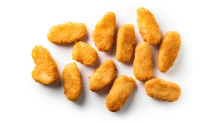 Group of fried chicken nuggets isolated on white background. Top view.の素材