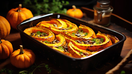 Baked pumpkin with sunflower seeds and herbs in a baking dishの素材
