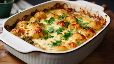 Potato gratin with cheese and parsley in a baking dishの素材