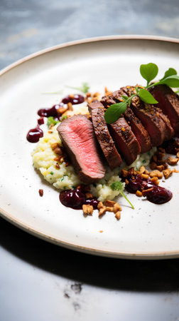 Grilled duck breast with risotto and cranberry sauce, squareの素材