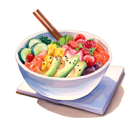 Watercolor bowl of healthy vegetable salad with avocado, tomato, cucumber, pepper, corn and mango.の素材