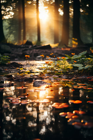 Beautiful sunset in the forest with sunbeams reflected in the waterの素材