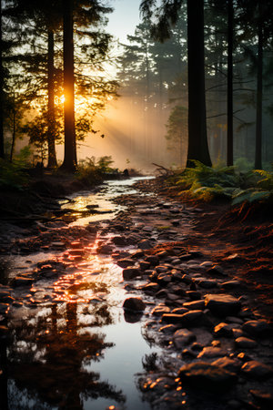 Beautiful sunrise in the forest with sun rays coming through the treesの素材