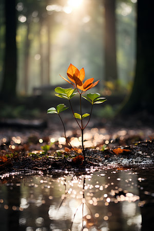Young plant in a puddle in the rain forest with sunlight.の素材