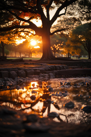 Sunset in the park with tree and reflection in puddle.の素材