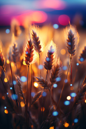 Wheat field at sunset. Ears of golden wheat close-up. Rich harvest Concept.の素材