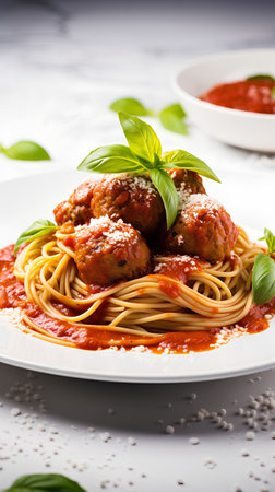 Spaghetti with meatballs and tomato sauce on a white plate.の素材