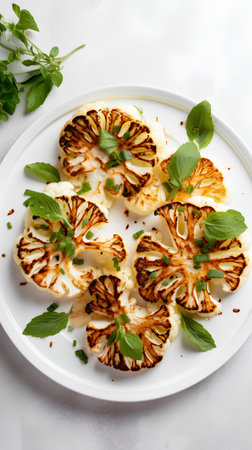 Grilled cauliflower with herbs on a white plate, top viewの素材
