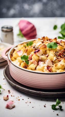 Potato casserole with bacon, cheese and caramelized onionsの素材