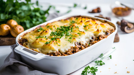 Baked moussaka with mushrooms and cheese on a white backgroundの素材