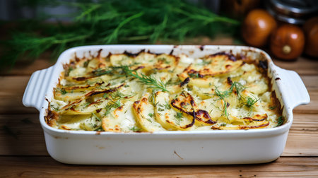 Potato gratin with dill in a baking dish on a wooden tableの素材