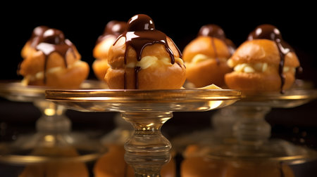 Profiteroles with chocolate on a dark background, close-upの素材