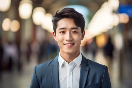 portrait of young asian businessman smiling at the camera in the cityの素材
