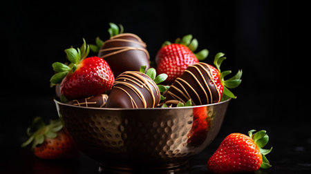 Chocolate dipped strawberries in a golden bowl on a black background.の素材