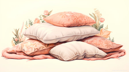Illustration of four pillows with a floral pattern on a white backgroundの素材