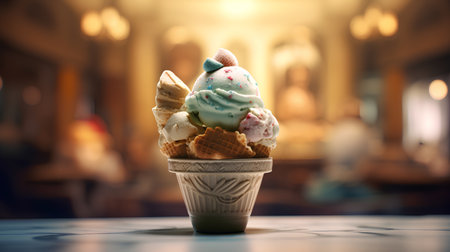Ice cream in a waffle cup on a table in a cafeの素材