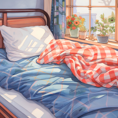 Illustration of a bed with a checkered blanket and a vase of flowersの素材