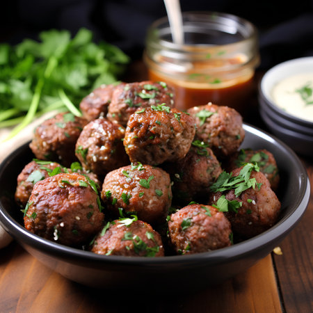 Meatballs with parsley in a bowl on a wooden background.の素材