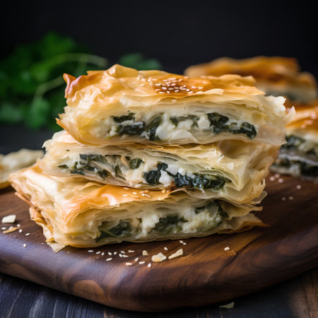 Puff Pastry with Spinach and Cheese on a black backgroundの素材