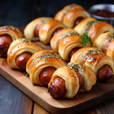 Homemade sausages in puff pastry on a wooden board.の素材