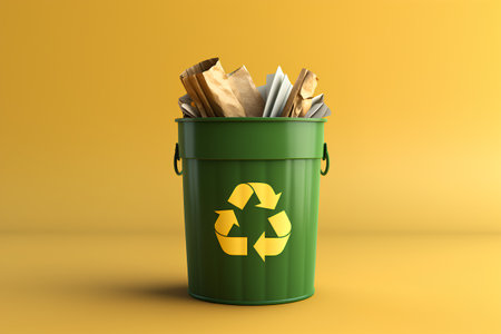 Recycle bin with paper waste isolated on yellow background. 3d illustrationの素材