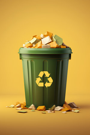 Garbage bin with gold and golden waste isolated on yellow background. Vector illustrationの素材
