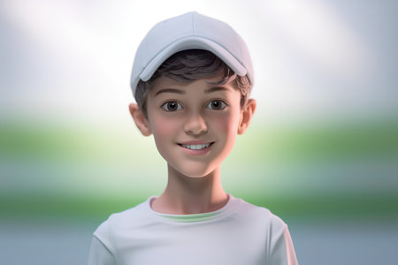 3d illustration of a boy in a baseball cap and white t-shirtの素材