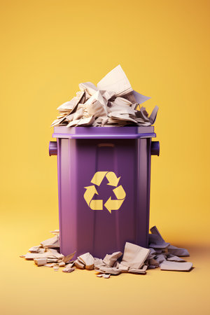 Garbage bin full of paper waste isolated on yellow background 3d renderの素材