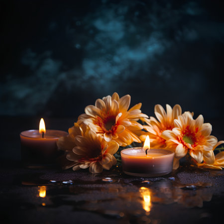 Beautiful flowers and candles on a dark background. Copy space.の素材