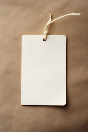 Blank price tag or label on brown fabric background with copy spaceの素材