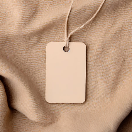 Blank price tag on beige fabric background. Top view.の素材