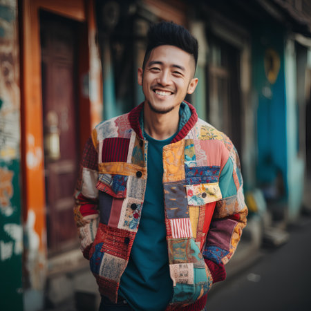 young handsome asian hipster man in colorful jacket posing in the cityの素材