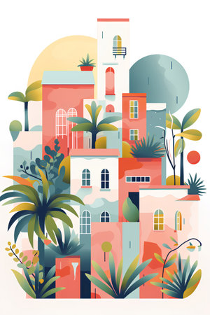 Cityscape with houses, palm trees and flowers. Vector illustration.の素材