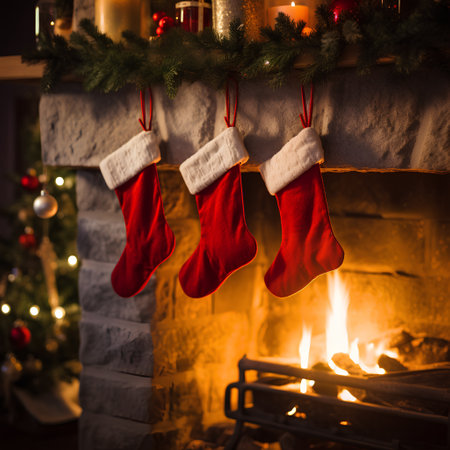 Christmas socks in front of a fireplace with a burning fire in the backgroundの素材