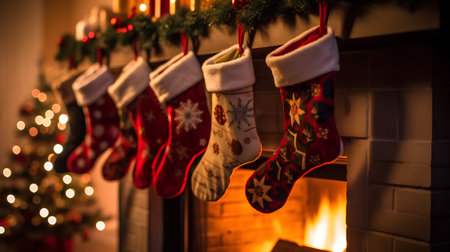 Christmas stockings hanging on a fireplace in a cozy living room.の素材