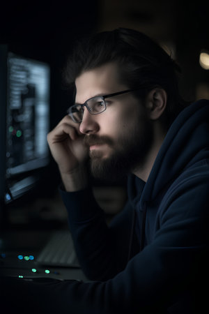 Portrait of a young man with a beard and glasses working on a computer at nightの素材