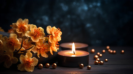 Spa still life with burning candle and yellow flowers on wooden backgroundの素材