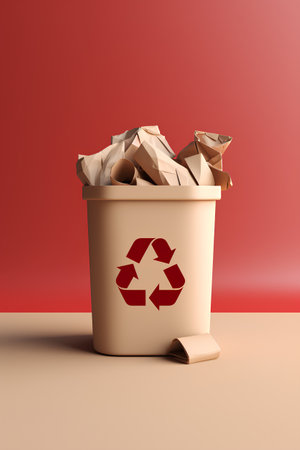 Recycling bin with crumpled paper on red background. 3d illustrationの素材