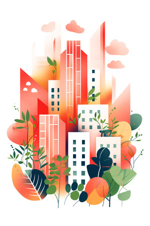 Cityscape with skyscrapers, trees and plants. Vector illustration.の素材