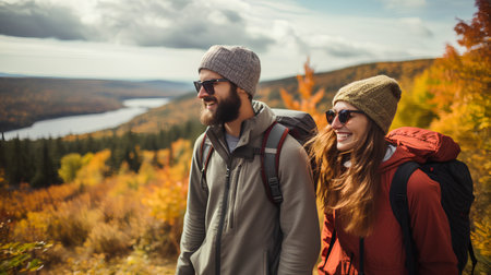 Happy couple with backpacks hiking in the autumn mountains. Travel and adventure concept.の素材