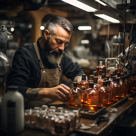 Bartender in apron working with perfume bottles at the shopの素材