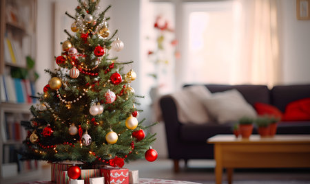 Decorated Christmas tree with gifts in the living room at homeの素材