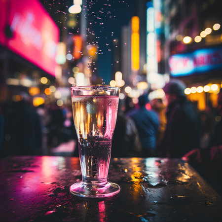 glass of beer on the background of the night city. bokehの素材